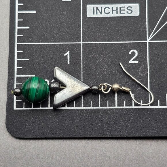 VTG Malachite & Hematite Drop Earrings 2" Sterling Silver Hook Closures - Picture 5 of 6
